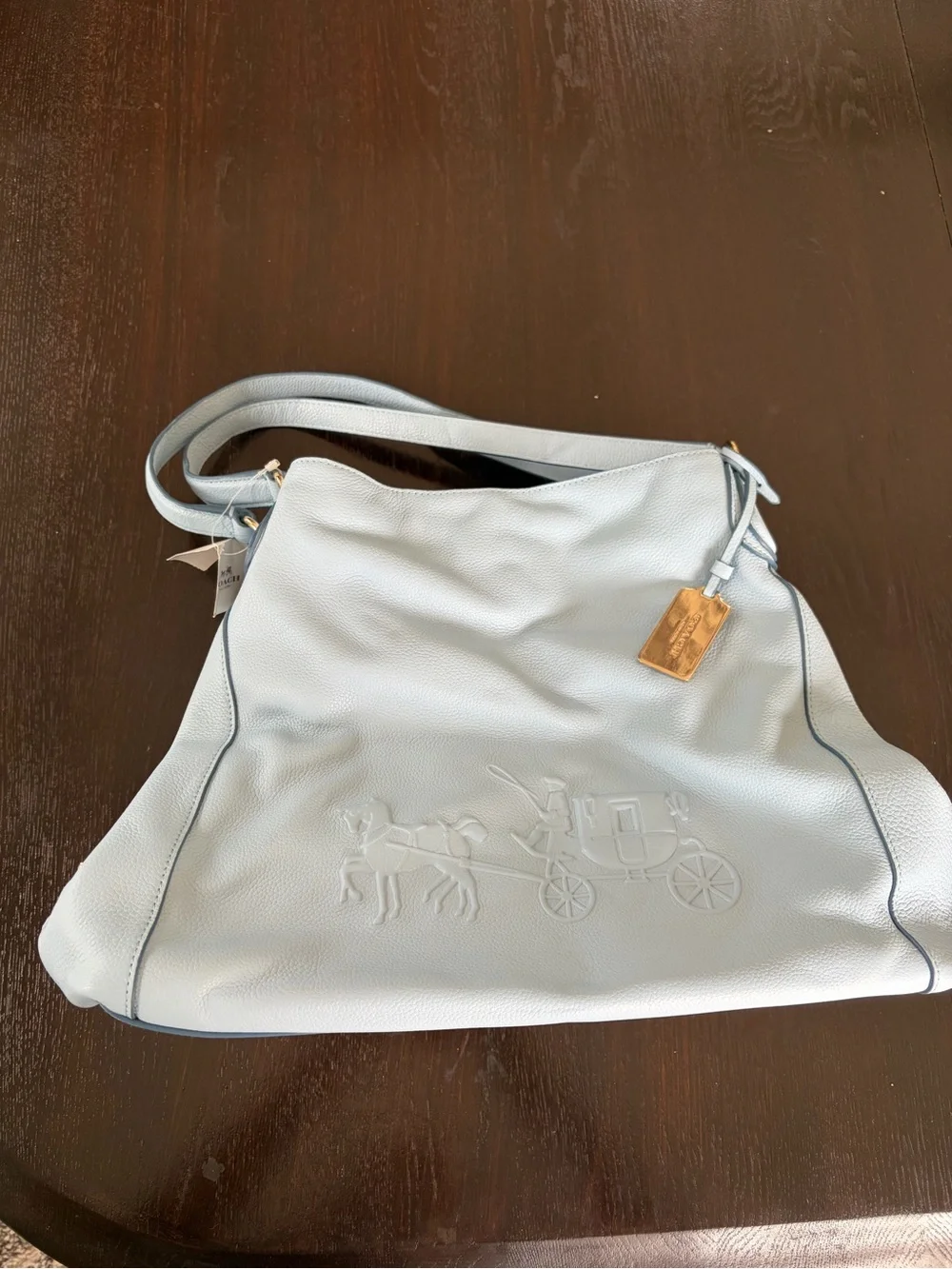 Coach Light Blue Pebble Leather Shoulder Bag with Embossed Horse & Carriage